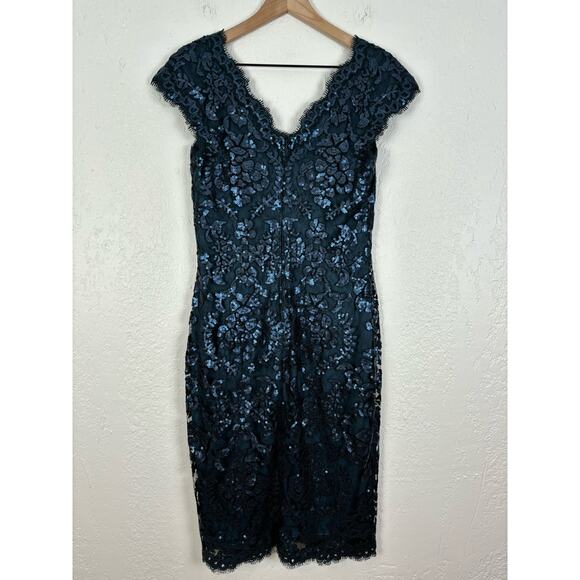 Tadashi Shoji Blue Paillette Embroidered Lace V-Neck Cap Sleeve Dress Size 6 - Picture 4 of 8